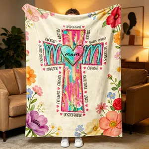 Christian Mom Cross Flannel Blanket, "Unstoppable Mom" Faith Throw, Floral Watercolor Design, Cozy Soft Blanket for Mother's Day Gift