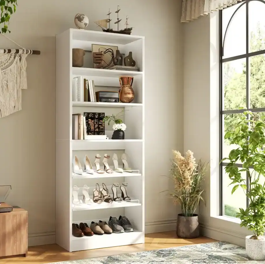 25'' W Walk-in Closet Organizer with Tower Shelves and Adjustable Shoe Rack,Sturdy 6-Tiers Closet System Wardrobe Shoe Cabinet Open Display Cabinet