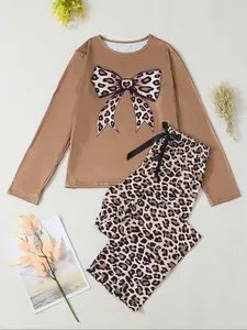 Autumn Winter New Leopard Print Bowknot Long Sleeve Pajama Set, Soft Breathable Fabric, Casual Round Neck Two-Piece Home Wear, Loungewear, Nightwear