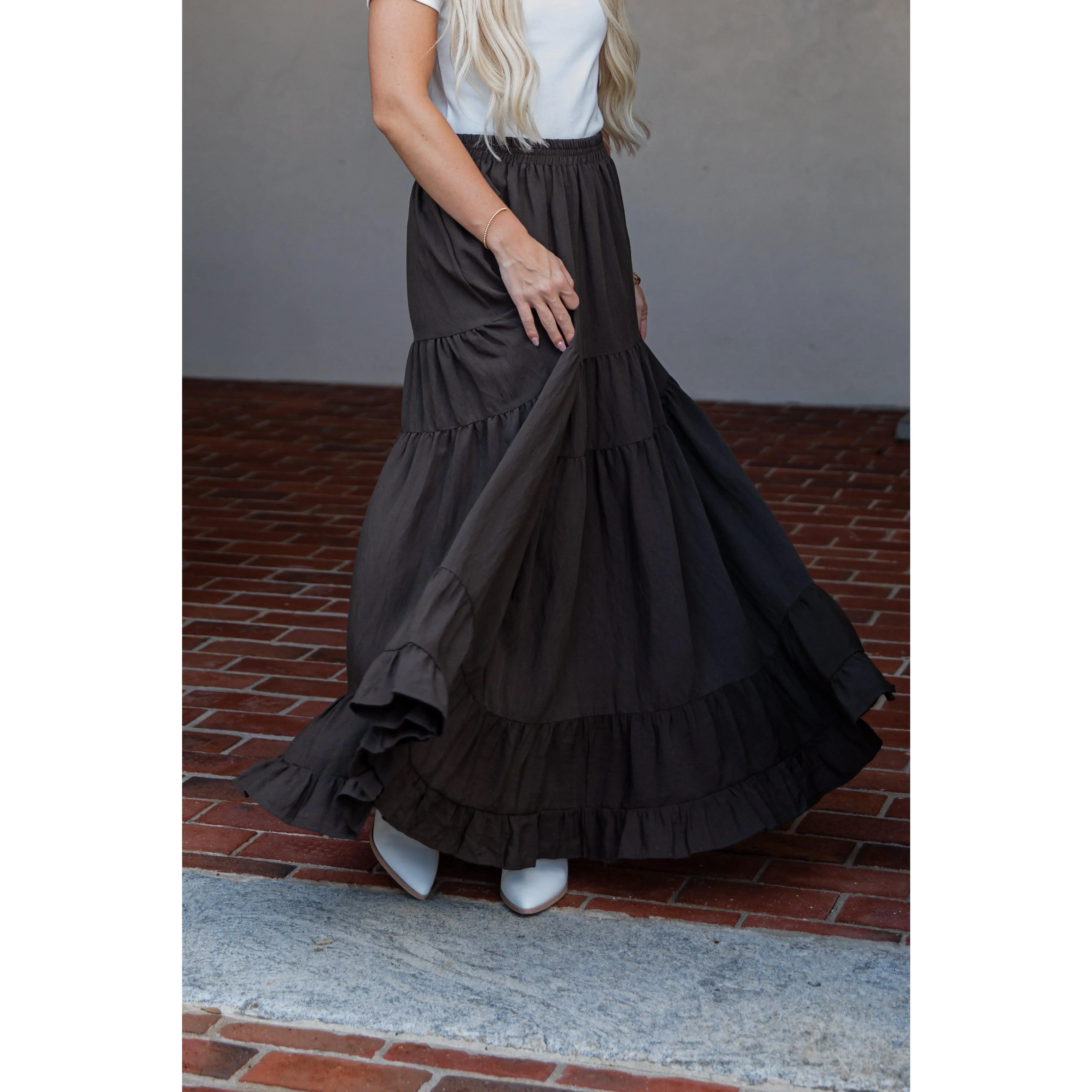 Maple Street Dark Olive Tiered Maxi Skirt