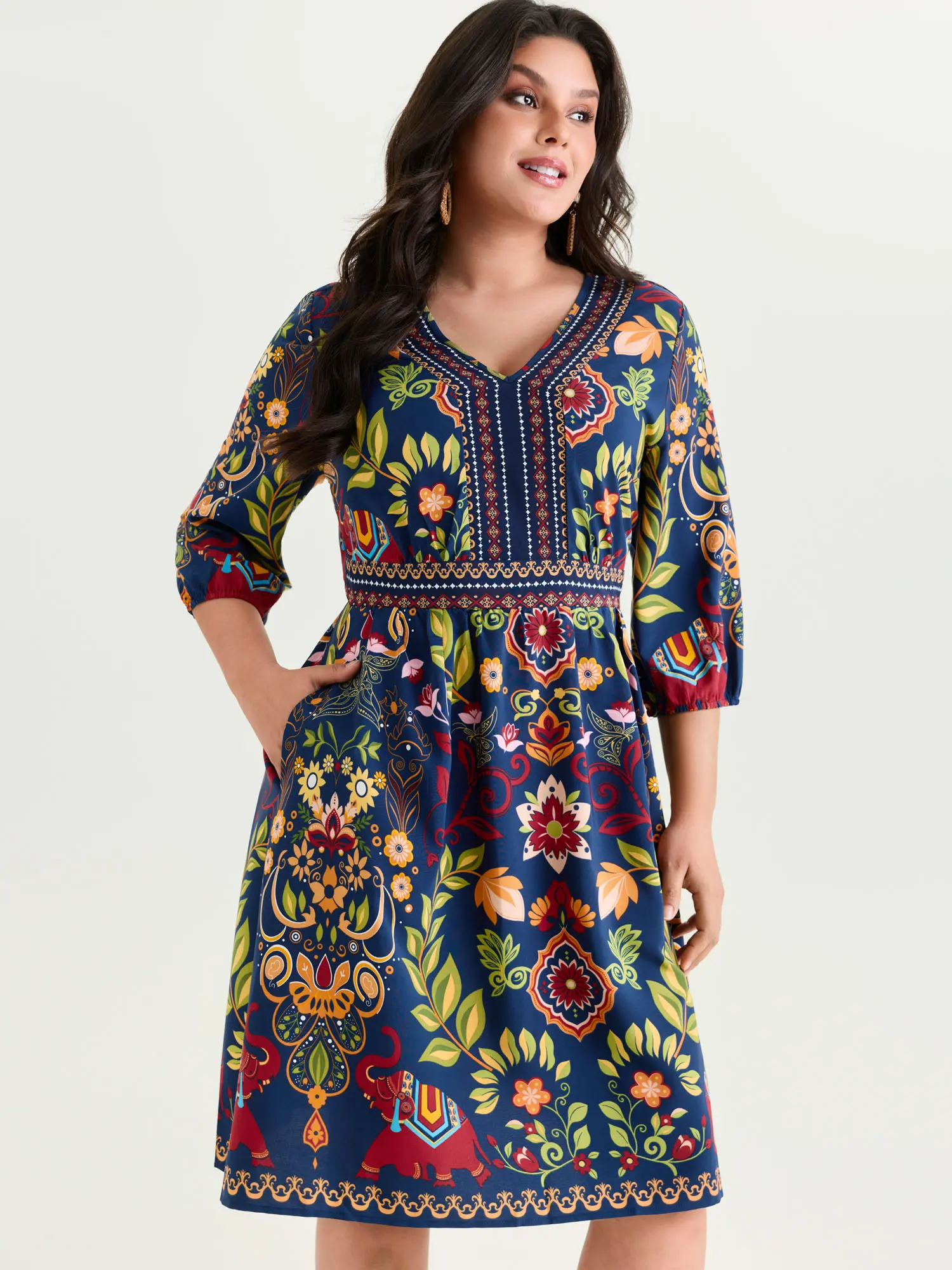 【Pocket Approved】 BLOOMCHIC Plus Size Women's Casual Midi Dress - Boho Floral V Neck Dress, Relaxed Fit Pocket Dress, Lightweight Summer Dress for Vacation & Daily Wear