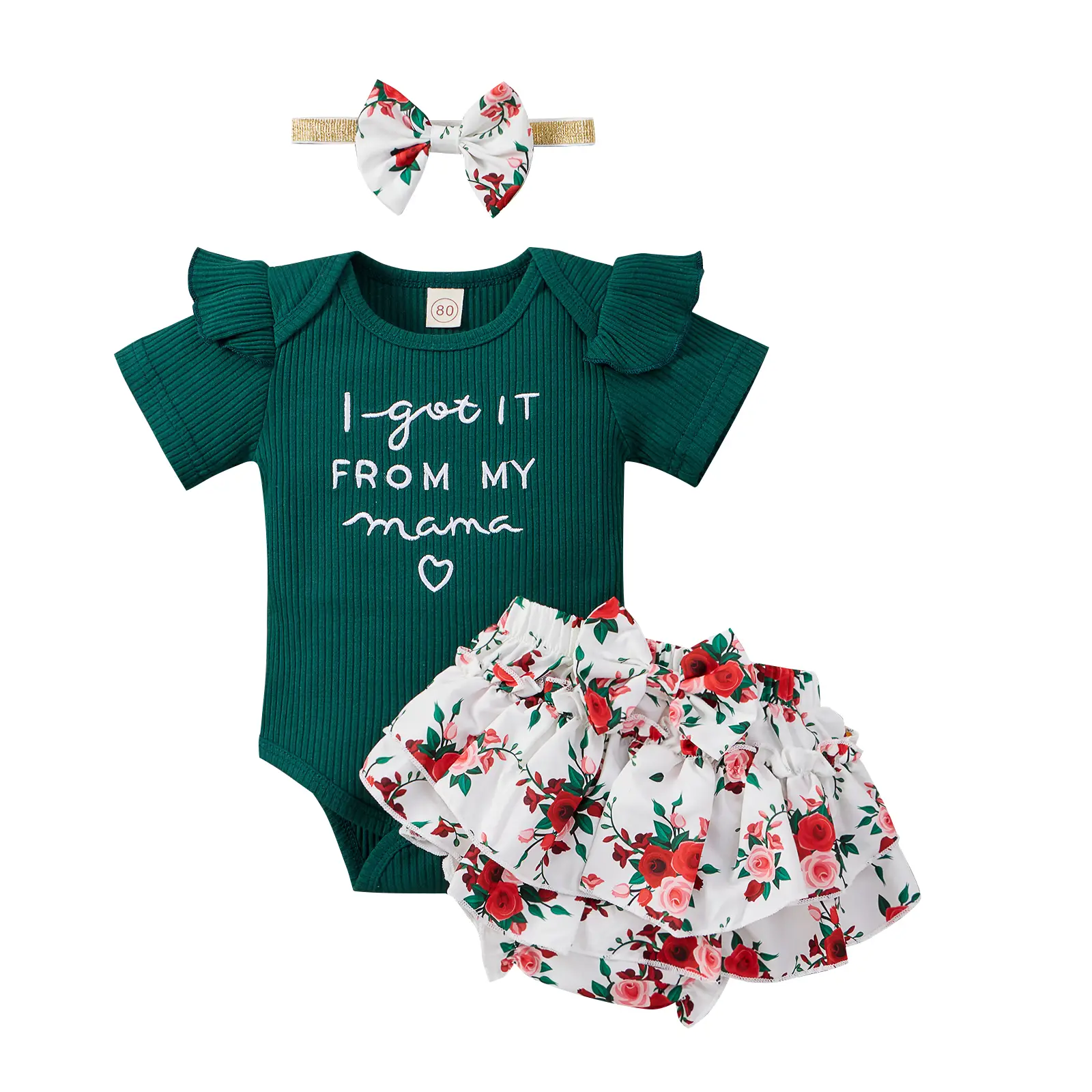 KARESOULL Baby Girls 3Pcs Summer Outfits, Short Sleeve Rib Knit Letter Romper + Floral Shorts + Headband Set print short