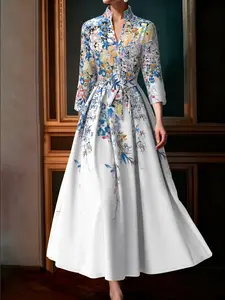 Elegant Women's Long Fitted Dress with Stand Collar, Side Zipper, Waist Belt, Floral Printed Woven Fabric, Party Wear, Commuter, Daily