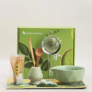 Green Matcha Traditional Japanese Tea Ceremony Set, 8-Piece Complete Kit with Bamboo Whisk, Bowl, Strainer, Scoop, Holder, Gift Box
