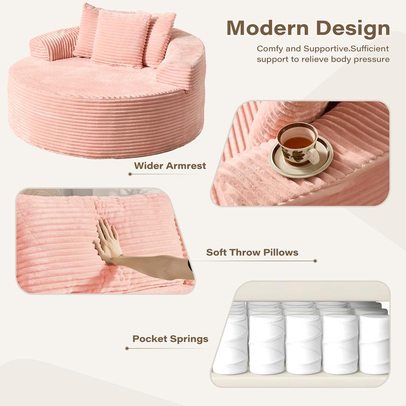 WEAXTY Boneless Circular Couch Round Sofa Chair Plush Corduroy Sponge Sofa Chaise Lounge Oversized Sleeper Round Chairs Bean Bag for Living Room,Lazy Sofa