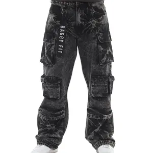 8 Pocket Black Acid Wash Baggy Fit Cargo Jeans for Men's Streetwear Fashion