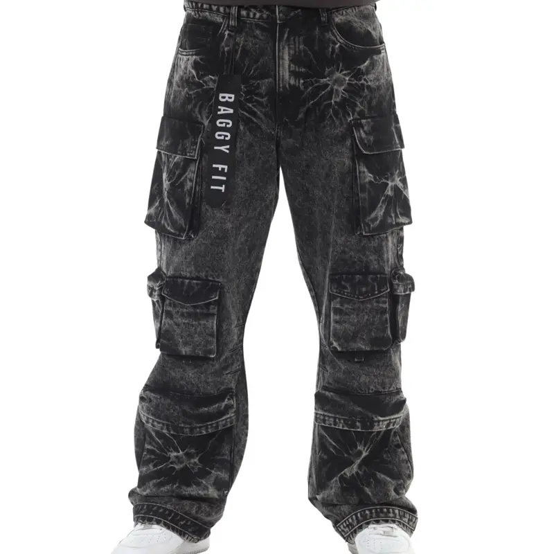 8 Pocket Black Acid Wash Baggy Fit Cargo Jeans for Men's Streetwear Fashion