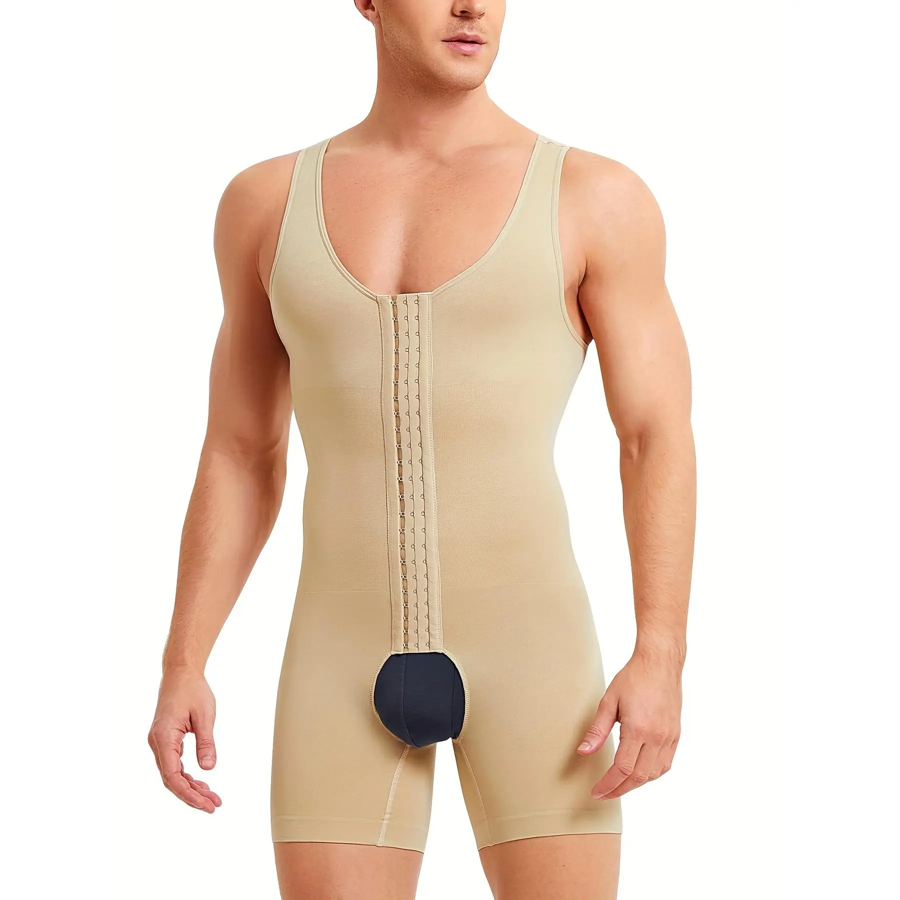 Men's Slimming Athletic Bodysuit - Royal Blue High-Elasticity Nylon & Spandex, Tummy Control Shapewear, Shoulder-Baring Design, All-Season Compression Romper for Fitness & Recovery, Fitness Apparel |   Formfitting Attire |   Snug Fit Fabric, Waist Trainer