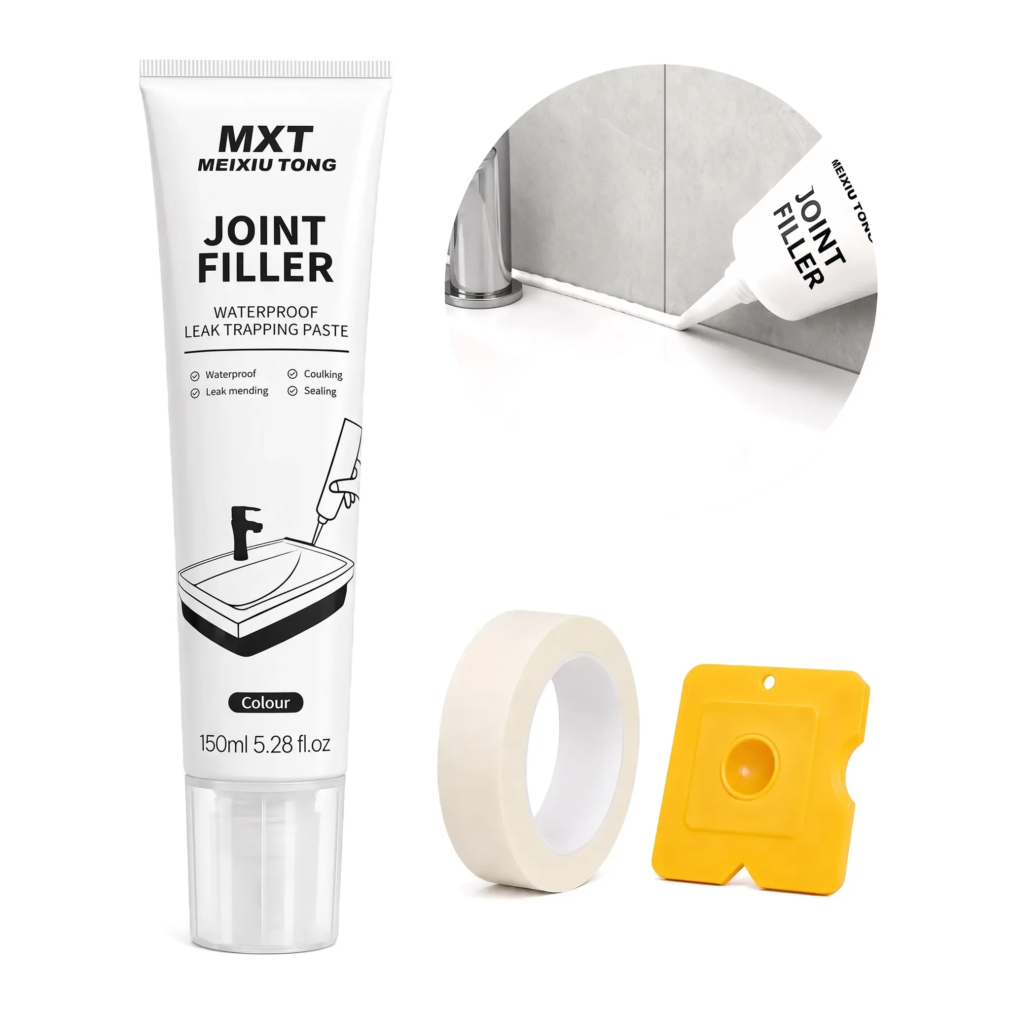 150ml Super Gap Filler | Waterproof Joint Sealant Paste for Kitchen Sink & Bathroom Tile | DIY Caulking Repair Kit with Scraper & Tape | Fast Drying & No Crack