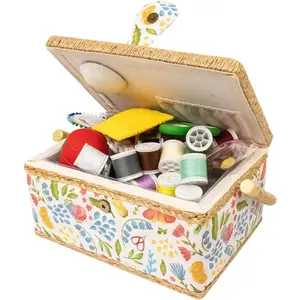 Medium Sewing Basket Organizer with Complete Sewing Kit Accessories Included - Wooden Sewing Box Kit with Removable Tray and Tomato Pincushion for Sewing Mending - White