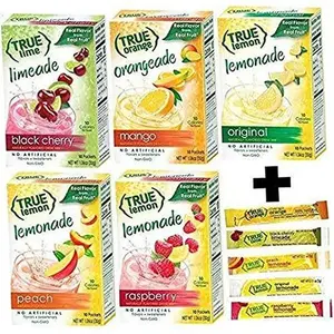Lemon Assorted Beverage: (5boxes 10ct each) with 5 FREE BONUS Sticks Lemonade!True Lemon Original Lemonade, True Peach Lemonade, True Black Cherry Limeade, True Mango Orange and True Raspberry Lemonade.Assorted True Lemonade Drink Mixes.
