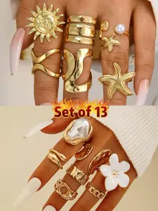 Elegant Geometric Knot Star Sun Faux Pearl Layered Metal Ring Set, Unique Statement Stackable Rings, Vintage Style Jewelry, Fashion Rings, Perfect for Parties Dates Gifts