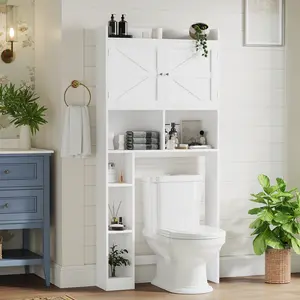 Over-The-Toilet Storage Cabinet with Adjustable Shelf, Bathroom Space Saver with Double Doors and Open Shelves, Freestanding Toilet Organizer Rack for Bathroom Storage – White