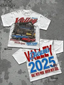 Men's Valley Dreams Vintage Auto Shop Print Loose T-Shirt, American Retro Car Streetwear Top, Comfortable Casual Wear