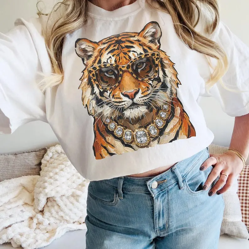 Comfort Colors Glam Tiger Shirt, Preppy Tiger Graphic Tee, Bling Animal Print T-Shirt, Boujee Leopard Print Tiger Shirt, Trendy Everyday Fashion Graphic Top