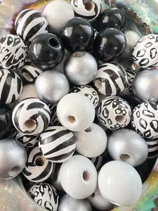 WB3- (10PCS) 15mm Multicolored Leopard/Zebra/Black/White/Silver Round Wooden Beads For DIY