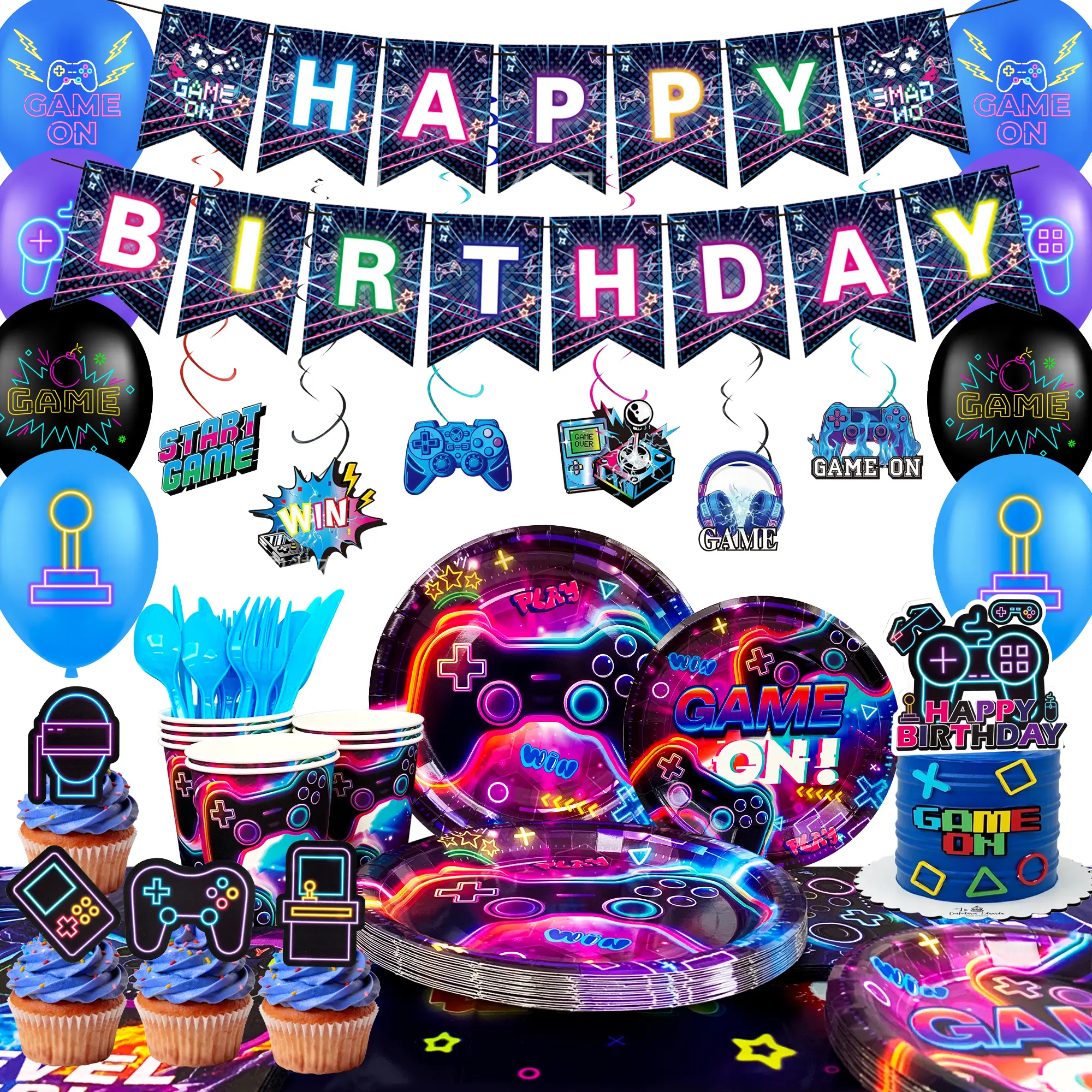 159Pcs Video Game Birthday Decorations, 16 Guests Glowing Video Game Birthday Party Tableware Balloons Cups Plates for Video Gaming Birthday Party Decorations Supplies