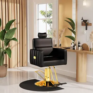 Baasha Comfortable Reclining Salon Chair with Removable Headrest,Gold Stylist Salon Chair Black Barber Chairs Weight Capacity up to 440 lbs