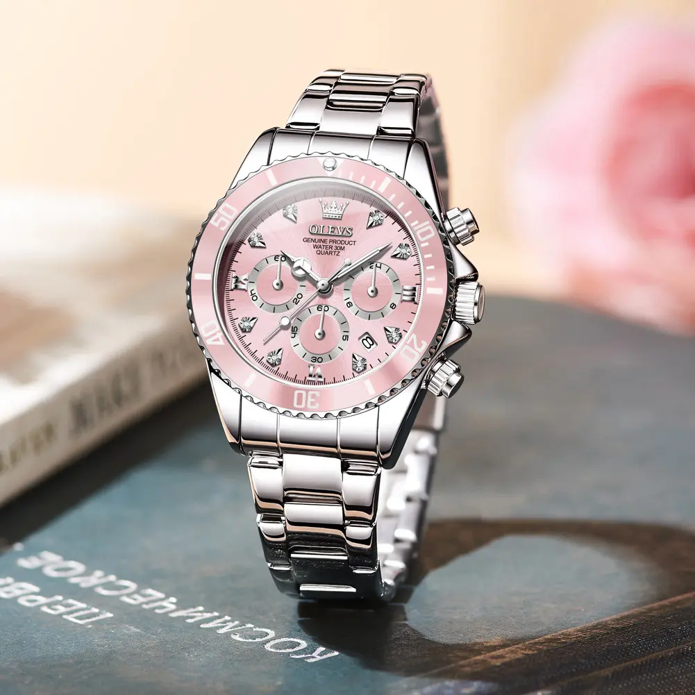 OLEVS L5632 Women's Fashion Watch Elegant Pink Bezel Quartz Silver Stainless Steel Metal Bracelet Waterproof Luminous Multi Dial Chronograph Analog Wristwatch Diamond Markers Calendar Date Trendy Female Timepiece Anniversary Birthday Gift Box Set for Her