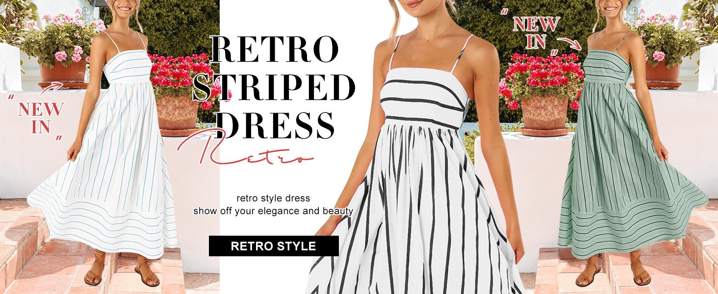 Loveimgs Women's Backless Maxi Dress — Striped & Pleated Design, Sexy Spaghetti Straps, Flowing Full Skirt