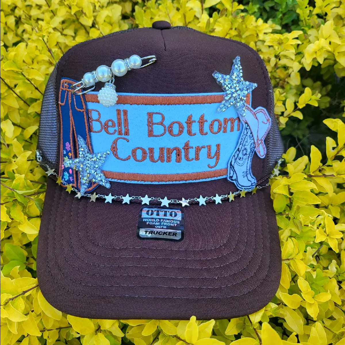 Bell Bottom Country retro Otto trucker hat with flower patch, bell bottom patch, recors patch and hat chain.
