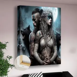 Mysterious Night Viking Couple and Wolf Nordic Mythology Theme Framed Canvas Art for Living Room Home Office Bar Cafe Shop Bedroom Wall Decor Artistic Photo Print Ornaments