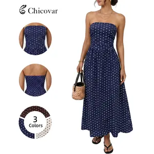 Chicovar Women's Polka Dot Strapless Maxi Dress, Flowy Summer Dress, Chic Smocked Back, A-Line, Casual, Vacation Beach Dress, Summervibes