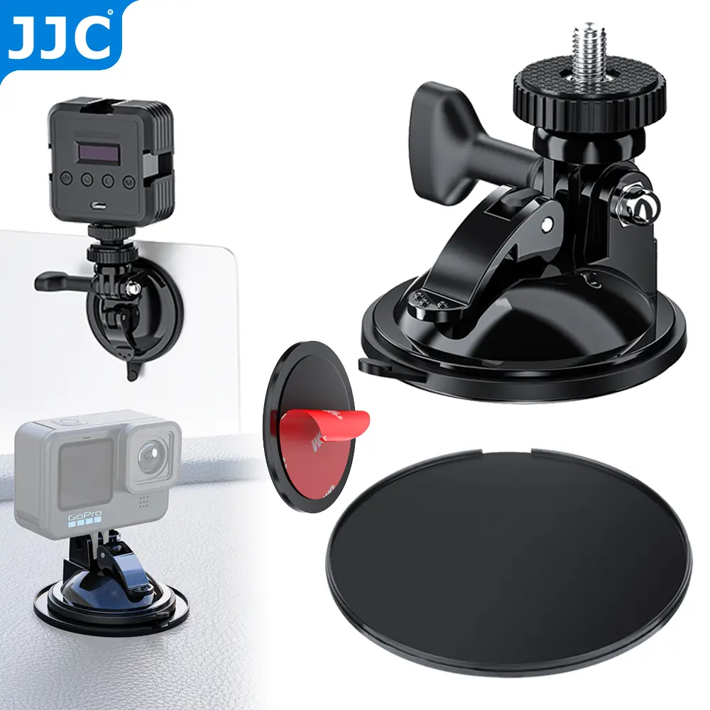JJC Universal 1/4"-20 / 3 Prong Suction Cup Mount with Adhesive Plain Base for Xtra DJI Gopro Insta360 Action Camera LED Light Microphone Adjustable Angle Dashboard Mount Press-to-Lock