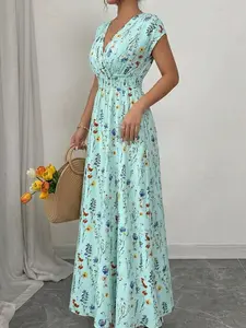 Plus Size Women's Mint Floral Short Sleeve Long Dress, Casual Elastic Waist Slimming A-Line Dress, French Chic Boho Style Summer Dress, Womenswear