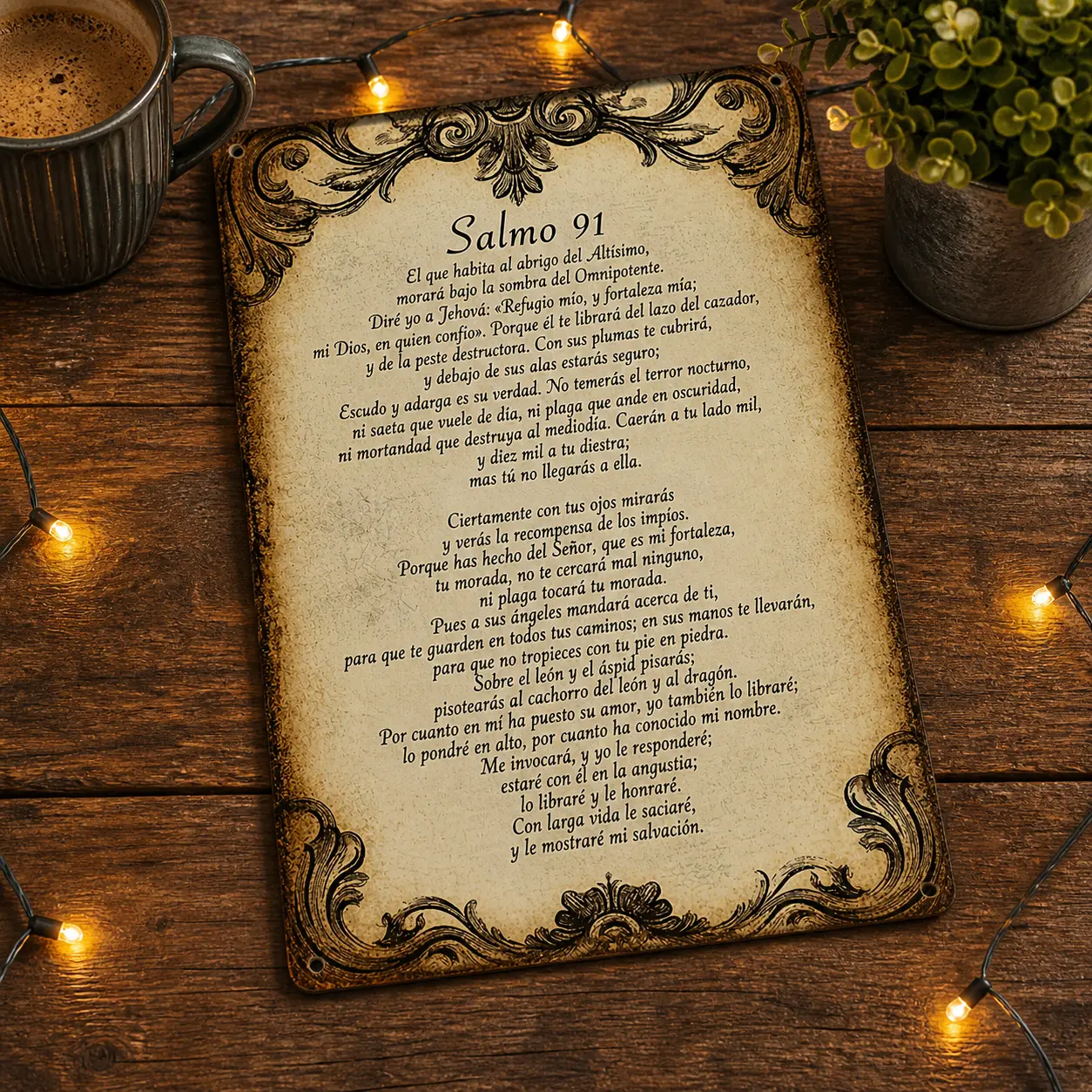 Tin Religious Psalm 91 Tinplate Metal Sign - Spanish Bible Verses Faith-Focused Wall Decor, Superhero-Mythical Creature & Batman-Style Figure Ornament for Bedroom, Living Room