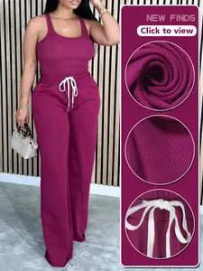 Solid Casual Two-piece Set, Women's Summer Solid Color Vest Trousers Suit, Slim Basic Vest & High Waist Wide Leg Pants Outfits, Women's Clothing