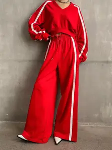 Women's Fashion Casual Loose Sporty Set Outfit V-Neck Striped Knit Long Sleeve Sweatshirt & Pants Two-Piece for Outdoor Activities Daily Wear