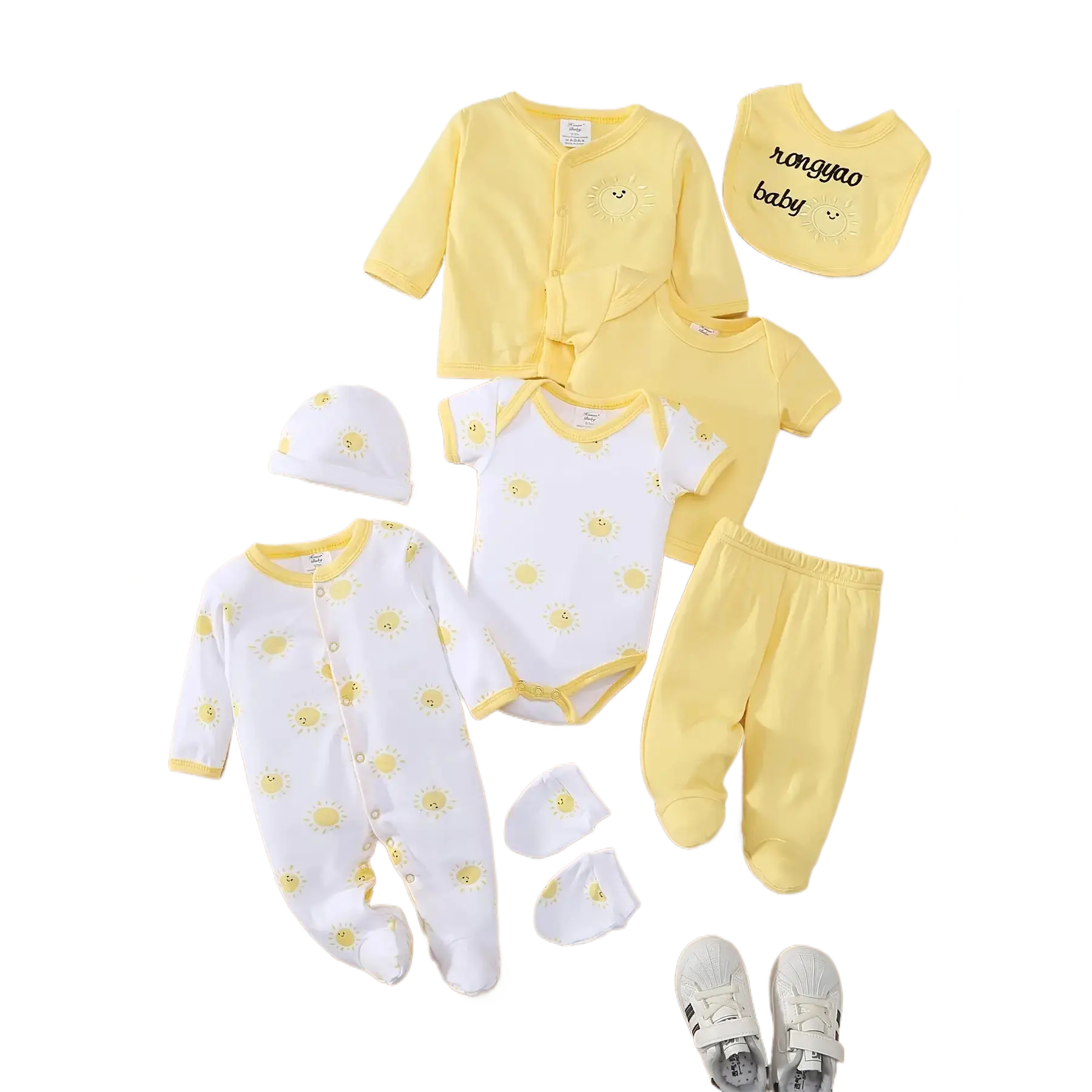 Baby Girl Soft Cotton Romper Set - 8-Piece & 3-Piece Kids' Fashion Sets with Sun-Proof Hat, Bib, Socks, Pants, Jacket, Vest, Sweet Sweatshirt, Trench Coat, Printed Shorts, Ripped Jeans for Outdoor Use