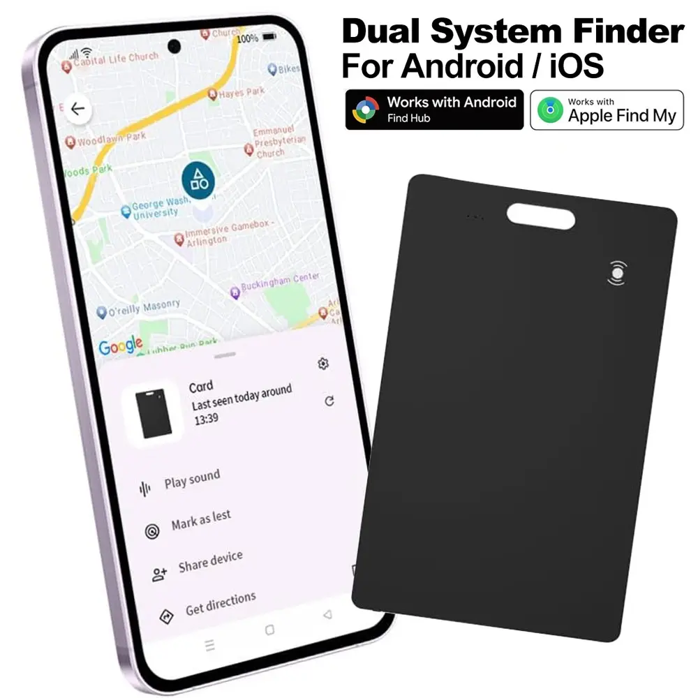 Wallet tracking card for IOS and Android, rechargeable tag wallet finder, IP68 waterproof smart card GPS tracking item locator for Google Find Hub application, Wallet Gps Tracker (black)