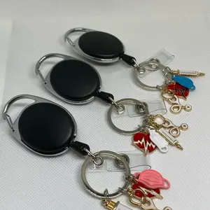 Medical Retractable ID Keychain with Charms - Black Round Design, Secure Keyring, Ideal for Keys and Accessories