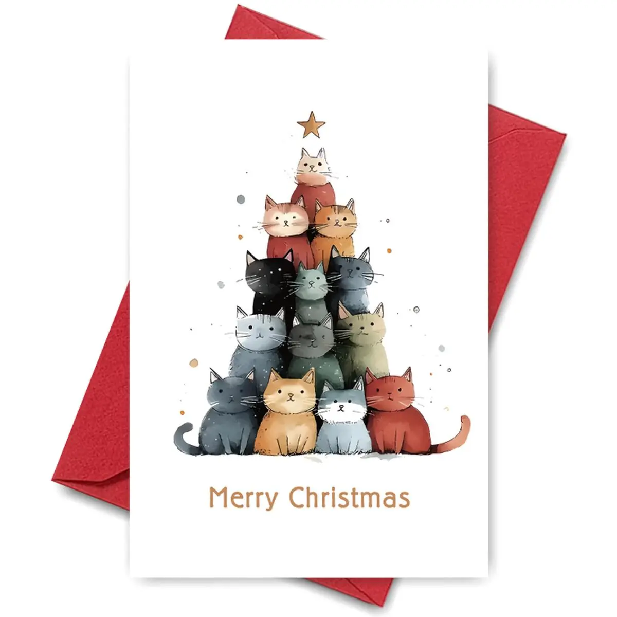 Feline Xmas Tree Card - Stacked Cats Pyramid, Gold Star Topper | "Merry Christmas" Handwriting, Suitable for Multi-Cat Homes, Quirky Holiday Decor