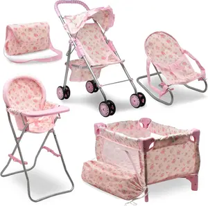 Baby Doll Stroller Bed and Seat Nursery Playset – 4 Piece Baby Doll Accessories Set with Stroller, High Chair, Rocking Chair & Diaper Bag – Pink Floral Pretend Play Set for Girls Ages 3–5