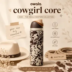 Owala Cowgirl Core 24oz FreeSip Water Bottle, Western Cow Print Insulated Stainless Steel Bottle, Leakproof BPA-Free Travel Tumbler
