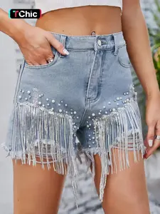 Women's Rhinestone Decor Fringe Trim Denim Shorts, Casual Jean Shorts, Casual Fashion Ripped Shorts for Daily Wear, Ladies Bottoms for All Seasons