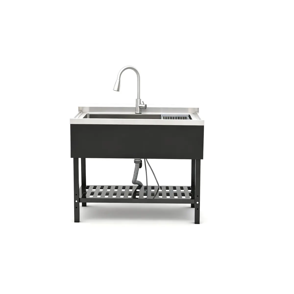40x24x34 Inches Multi-Use Stainless Steel Sink, Durable Freestanding Rectangular Wood-Stainless Steel Utility Tub, Black-Silver Large Single Bowl with Pull-Out Tap, Bottom Storage Grille for Laundry Room, Garage (Space-Saving Design)