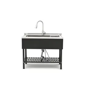 40x24x34 In Freestanding Wood Stainless Steel Utility Sink, Black-Silver Contrast Large Single Bowl Laundry Tub with Pull-Out Faucet, Bottom Storage Grille, Space-Saving Organizer for Home Laundry Room, Garage, Stainless Steel Sink