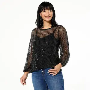 DG2 By Diane Gilman Sequin Lantern-Sleeve Top with Cami