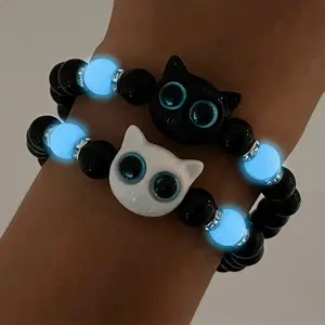 2pcs/Set Luminous Cute Cat Bracelet, Fashion & Adorable Couple/Friendship Bracelet That Glows In The Dark, Holiday & Birthday Gift