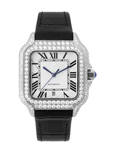 Moss Stone Automatic Mechanical Watch, Luxury Fashion Analog Wristwatch, Square Gemstone Design, Stainless Steel Case, All Seasons