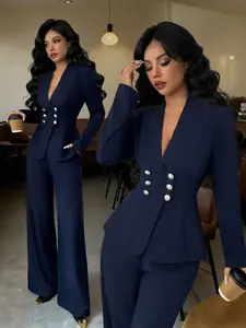 Women's Two-Breasted Suit Jacket + Wide Leg Pants Set, Elegant Office Two-Piece, Professional Business Wear