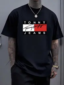 Tonny Graphic Tee, Letter Print Design, Colors, Fitted Short Sleeve Top, Casual Style, No Zipper Collar Button