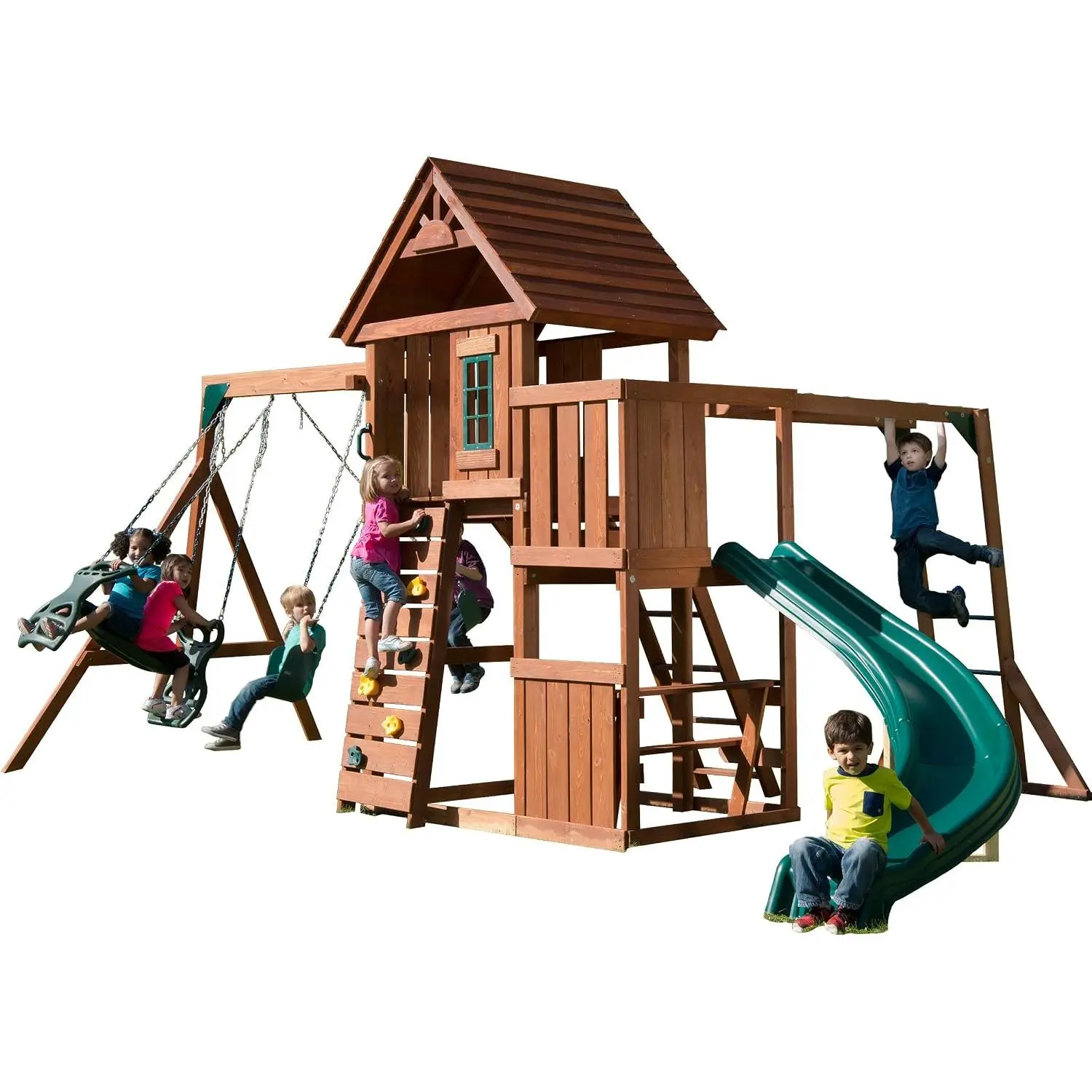 Swing-N-Slide PB 8272 Cedar Brook Wooden Swing Set Play Set with Two Swings, Slide, Monkey Bars, Picnic Table & Glider, Green