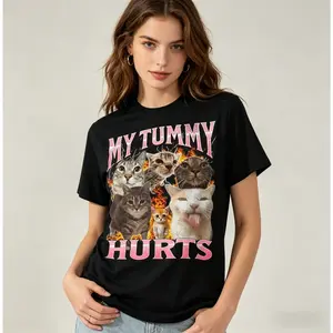 My Tummy Hurts Funny Cat Meme T-Shirt for Women, 100% Premium Cotton Retro Rock Graphic Tee, Oversized Y2K Streetwear, Custom Printed Cat Lover Top, Viral Trend Shirt