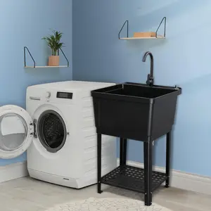 ROVSUN Plastic Utility Sink, Freestanding Sink with Hot&Cold Faucet, Soap Dispenser, Drain Plug and Iron Legs with Storage shelf, Perfect for Basement, Laundry Room, Garage, Black 23.6"×23.6"×36.2"