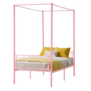 Twin Size Metal Canopy Bed Frame With Headboard, Four Poster Posts, Durable Steel Construction, Slats Included For Easy Assembly, Contemporary Modern Bedroom Furniture, Sturdy Support, Ideal For Small Or Large Rooms